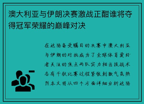 澳大利亚与伊朗决赛激战正酣谁将夺得冠军荣耀的巅峰对决