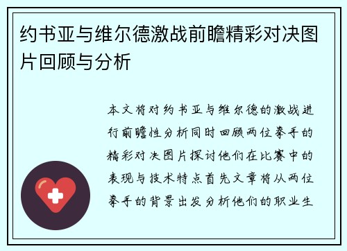 约书亚与维尔德激战前瞻精彩对决图片回顾与分析